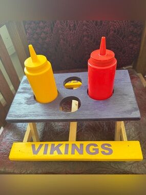 Vikings Condiment Caddy with Red and Yellow Bottles and holes for salt&pepper!!